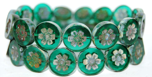 Table Cut Round Beads With Flower, Transparent Green Emerald 66800 (50710 66800), Glass, Czech Republic