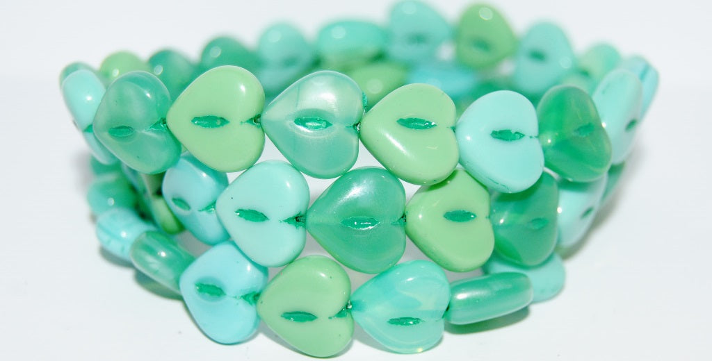Heart Pressed Glass Beads, Green Mixed Colors 46450 (Green Mix 46450), Glass, Czech Republic