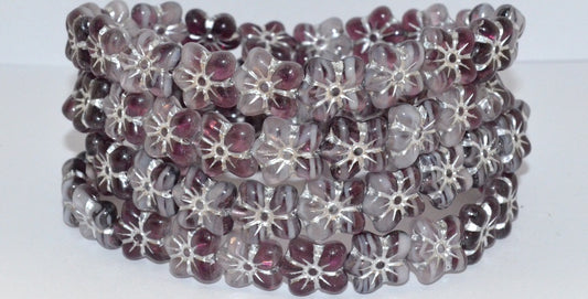 Flower Pressed Glass Beads, Bright Amethyst White Delay 54201 (25016 54201), Glass, Czech Republic