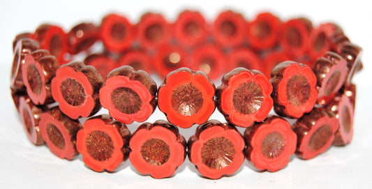 Table Cut Round Beads Hawaii Flowers, Red Bronze (93400 14415), Glass, Czech Republic