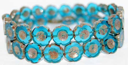 Table Cut Round Beads Hawaii Flowers, Transparent Aqua 43400 (60040 43400), Glass, Czech Republic