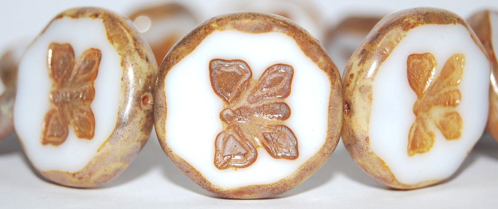 Table Cut Round Beads With Butterfly, White 43400 (2010 43400), Glass, Czech Republic