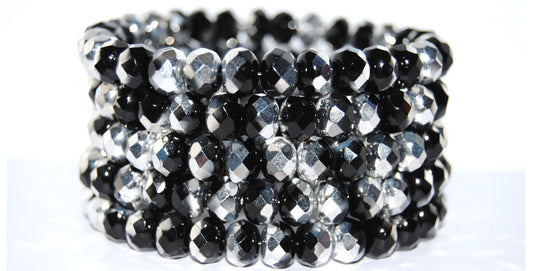 Faceted Special Cut Rondelle Fire Polished Beads, Black Crystal Silver Half Coating (23980 27001), Glass, Czech Republic