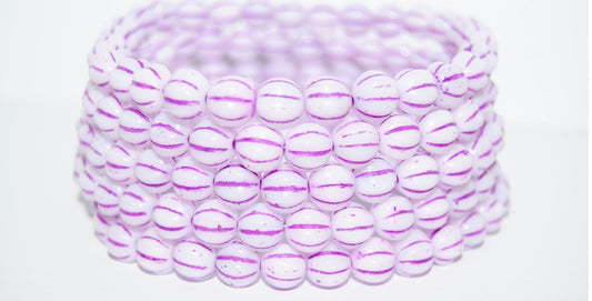 Melon Round Pressed Glass Beads With Stripes, Chalk White 44826 (3000 44826), Glass, Czech Republic