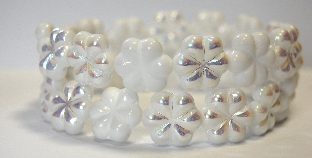 6-Petal Flower Pressed Glass Beads, Chalk White Ab (3000 Ab), Glass, Czech Republic