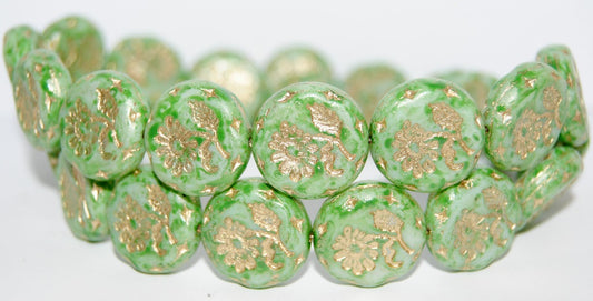 Round Flat With Flower Marguerite Pressed Glass Beads, Chalk White Lava Glass Lt Green 54202 (3000 Lava Glass Lt Green 54202), Glass, Czech Republic