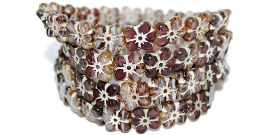 Table Cut Flower Beads Linum, Bright Amethyst White Delay 46401 (25016 46401), Glass, Czech Republic