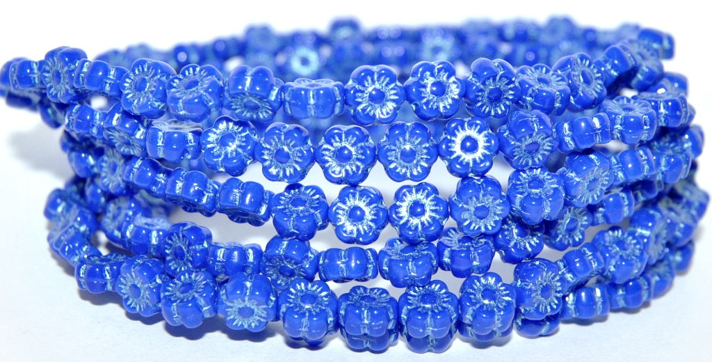 Hawaii Flower Pressed Glass Beads, Rich Blue 43801 Metalic (33060 43801 Metalic), Glass, Czech Republic