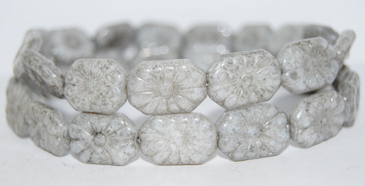 Rounded Rectangle With Flower Pressed Glass Beads, White Luster Black (2010 14449), Glass, Czech Republic