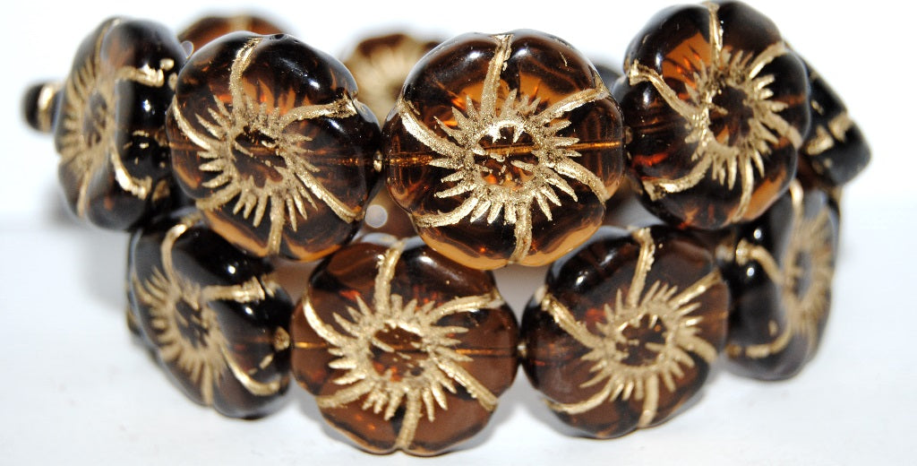 6-Petal Flower Pressed Glass Beads, Transparent Brown 54202 (10210 54202), Glass, Czech Republic