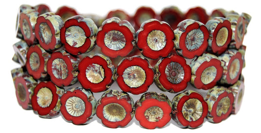 Table Cut Round Beads Hawaii Flowers, Red Travertin (93190 86800), Glass, Czech Republic