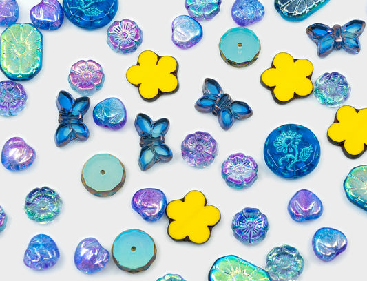 Focal Glass Bead Mix with Table-Cut Flower and Butterfly Beads, PG Blue