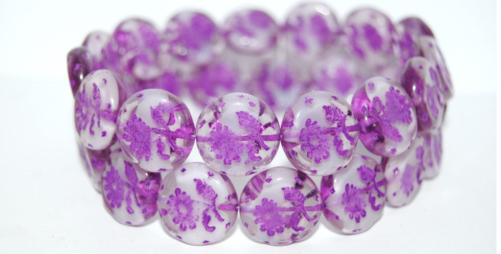 Round Flat With Flower Marguerite Pressed Glass Beads, (6208 46420), Glass, Czech Republic