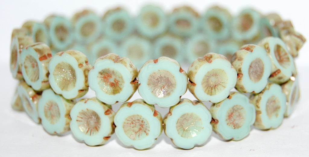 Table Cut Round Beads Hawaii Flowers, Turquise 43400 (63110 43400), Glass, Czech Republic