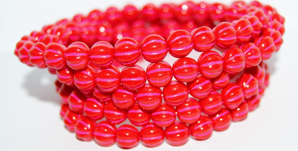 Melon Round Pressed Glass Beads With Stripes, Red 46470 (93190 46470), Glass, Czech Republic