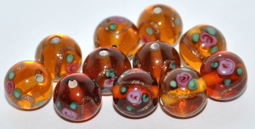 Czech Glass Hand Made Round Lampwork Beads With Flower And Aventurine, (O), Glass, Czech Republic