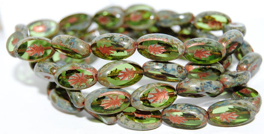 Table Cut Oval Beads With Rays, Transparent Green Stain Strong (50130 86805), Glass, Czech Republic