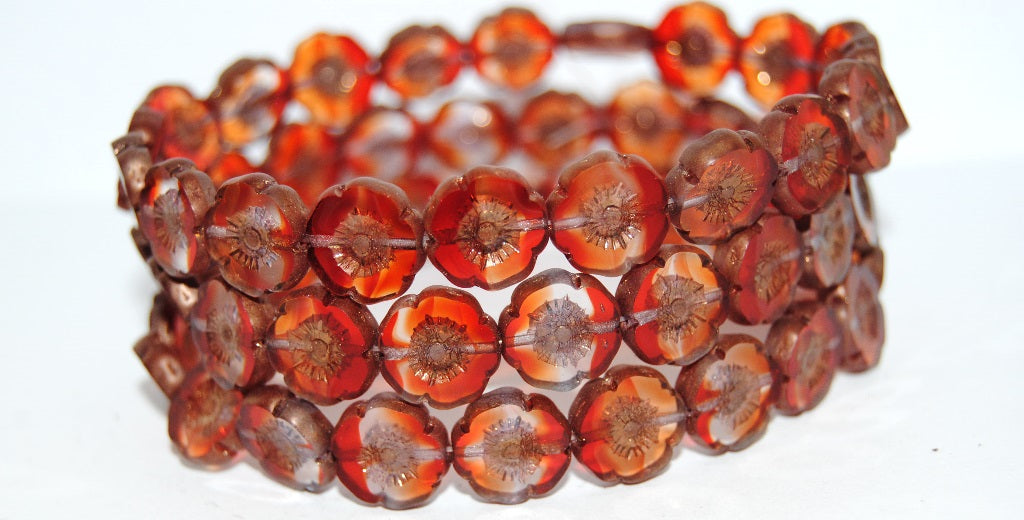 Table Cut Round Beads Hawaii Flowers, 9003008 Bronze Matte (9003008 14415M), Glass, Czech Republic