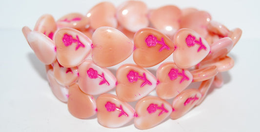 Heart Pressed Glass Beads With Flower, Pink 46470 (7724 46470), Glass, Czech Republic