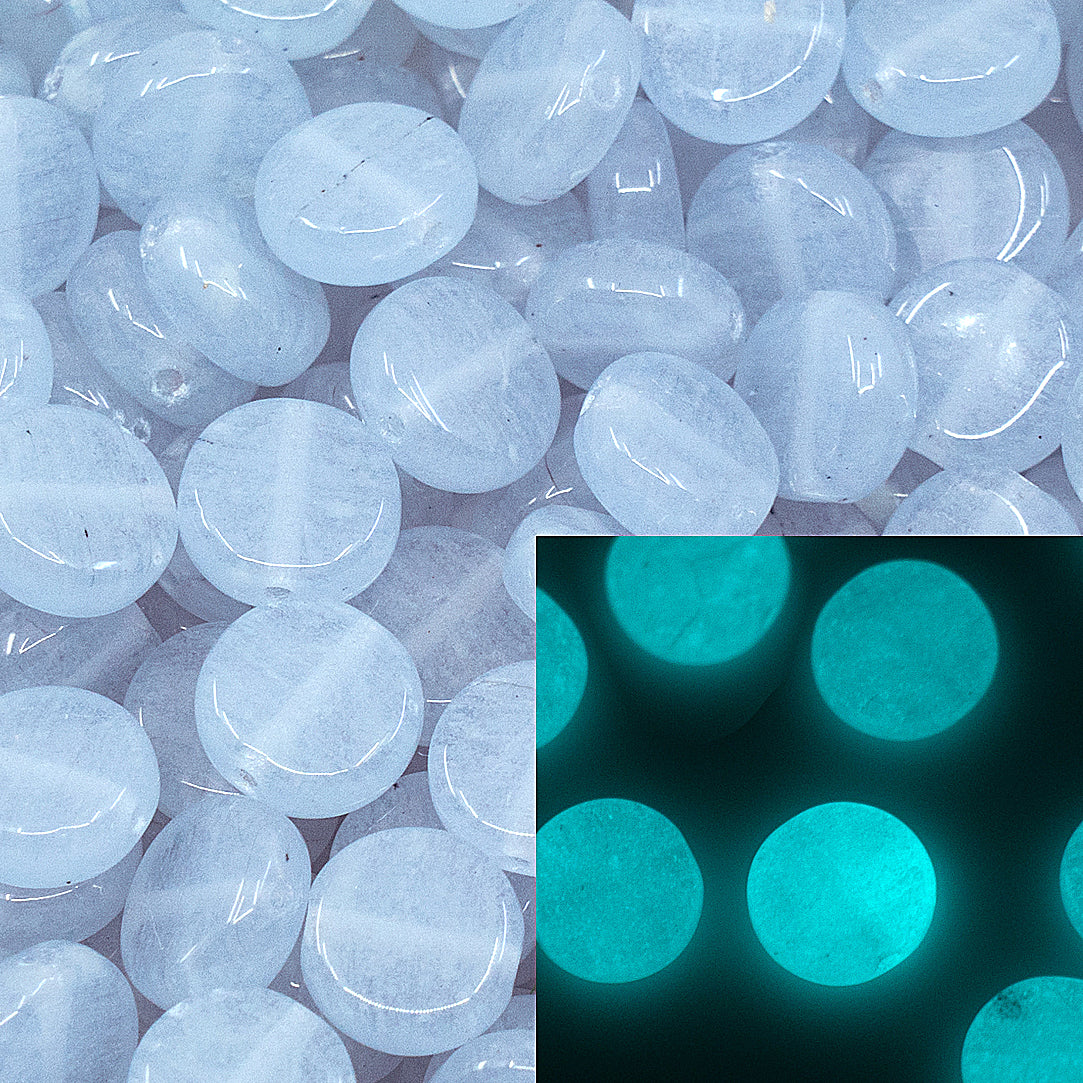 Flat Round Coin 1-hole glass beads, 8mm, Czech Republic, Dirty Violet Blue - Glow in the Dark Bright Blue