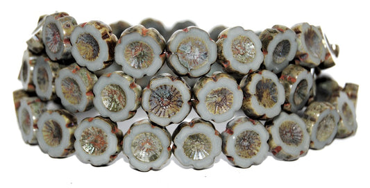 Table Cut Round Beads Hawaii Flowers, Opaque Gray 43400 (43030 43400), Glass, Czech Republic