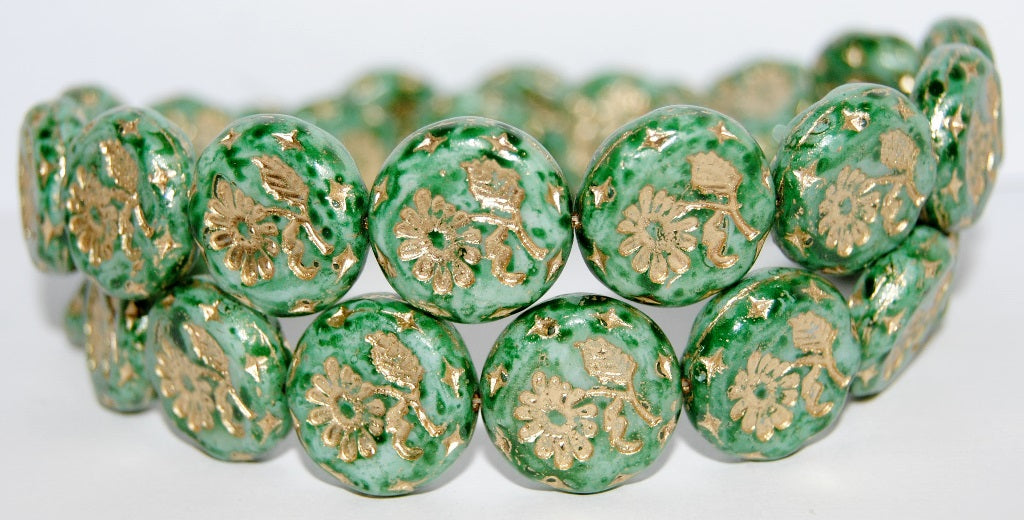 Round Flat With Flower Marguerite Pressed Glass Beads, Chalk White Lava Glass Green 54202 (3000 Lava Glass Green 54202), Glass, Czech Republic