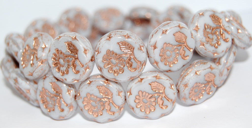 Round Flat With Flower Marguerite Pressed Glass Beads, (46006 54200), Glass, Czech Republic