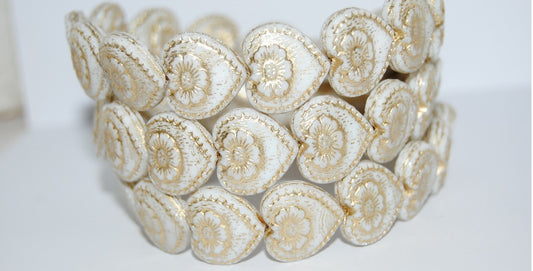 Heart With Flower Pressed Glass Beads, White 54202 (2010 54202), Glass, Czech Republic