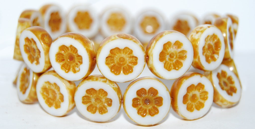 Table Cut Round Beads With Flower, 03000X Travertin (03000X 86800), Glass, Czech Republic