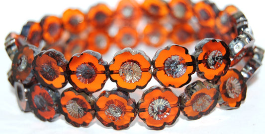 Table Cut Round Beads Hawaii Flowers, Transparent Orange 43400 (90020 43400), Glass, Czech Republic