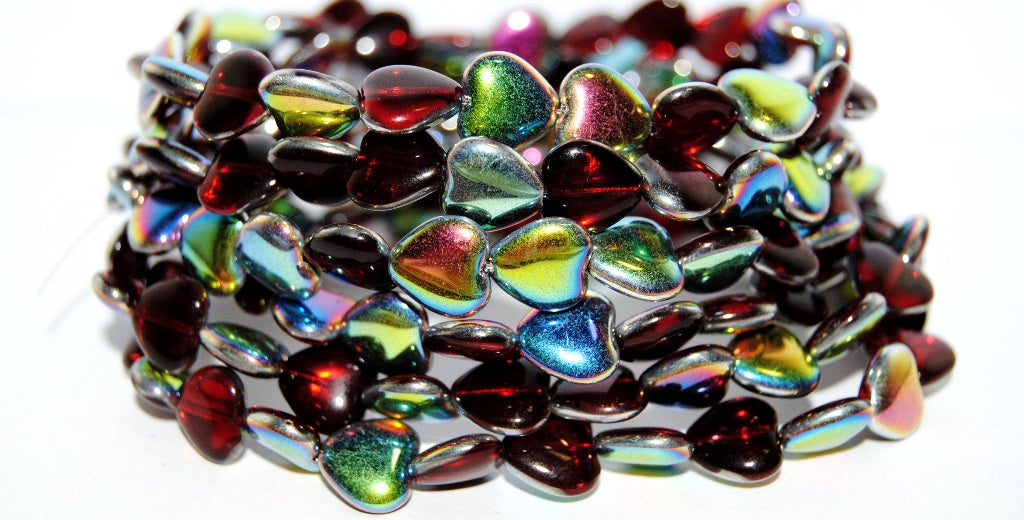 Heart Pressed Glass Beads, Ruby Red Crystal Vitrail Medium Coating (90080 28101), Glass, Czech Republic