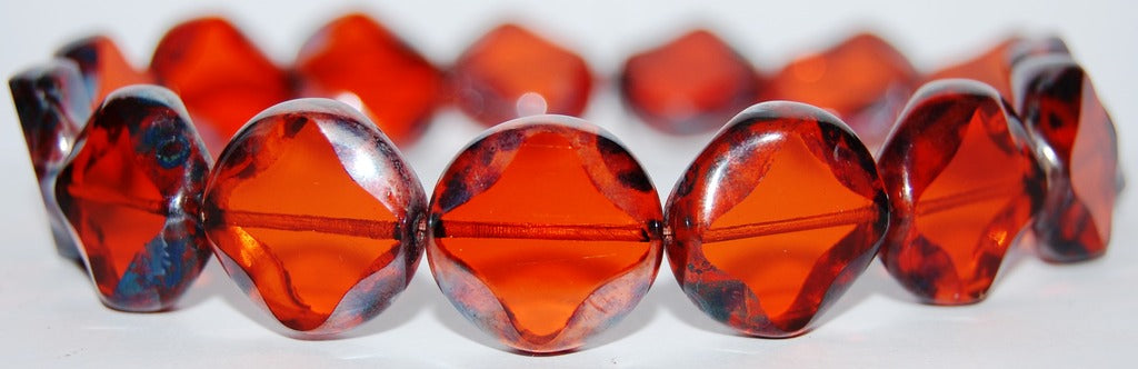 Table Cut Flat Round Beads With Rhomb, Transparent Orange 1443400 (90030 1443400), Glass, Czech Republic