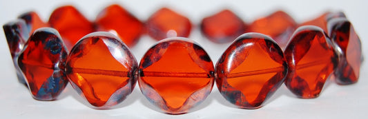 Table Cut Flat Round Beads With Rhomb, Transparent Orange 1443400 (90030 1443400), Glass, Czech Republic