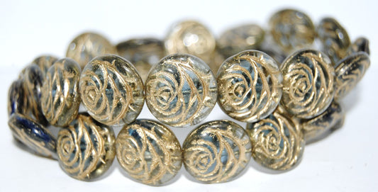 Round Flat Rose Flower Pressed Glass Beads, (47401 54202), Glass, Czech Republic