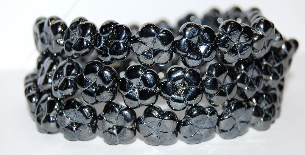 5-Petal Flower Pressed Glass Beads, Black Hematite (23980 14400), Glass, Czech Republic