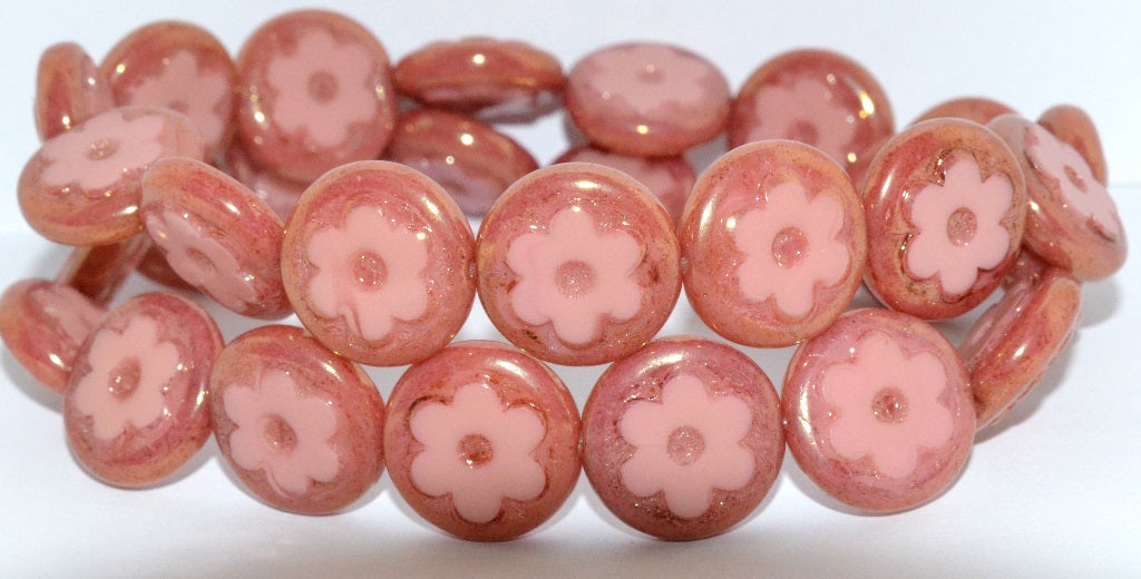 Table Cut Round Beads With Flower, Opaque Pink Luster Red Full Coated (73030 14495), Glass, Czech Republic