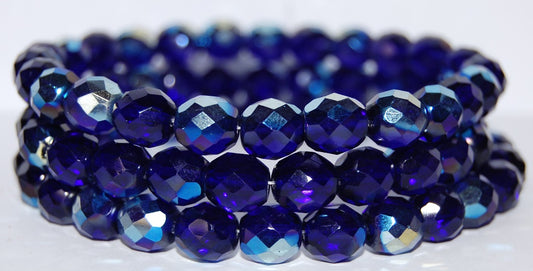 Fire Polished Round Faceted Beads, Transparent Blue Ab (30080 Ab), Glass, Czech Republic
