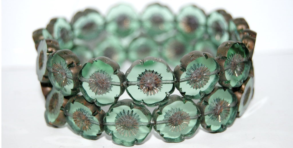 Table Cut Round Beads Hawaii Flowers, Transparent Green Bronze Matte (50520 14415M), Glass, Czech Republic