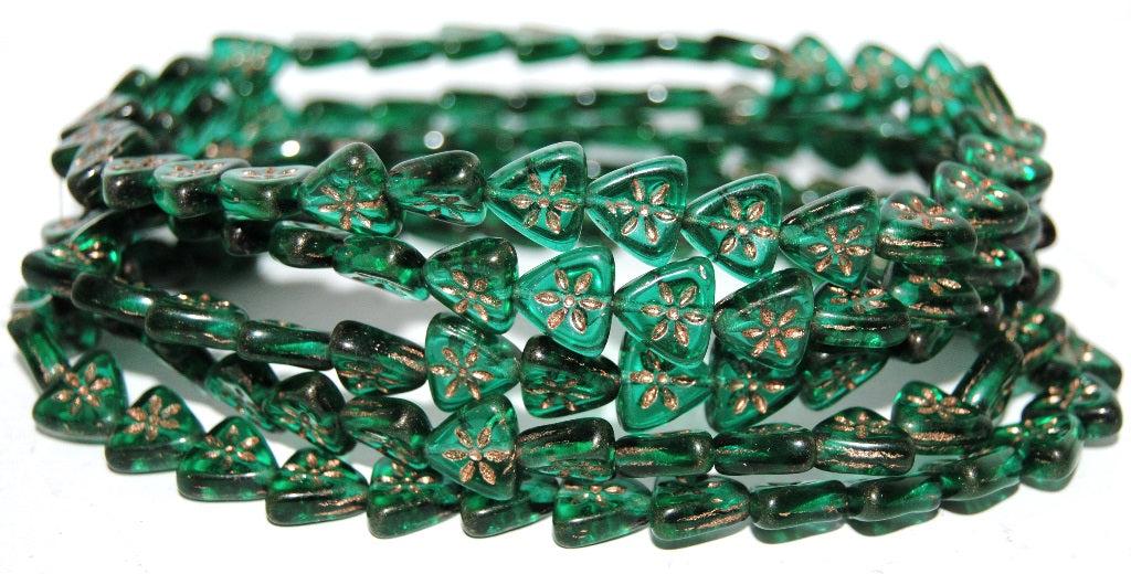 Triangle Flat Wit Flower Pressed Glass Beads, Transparent Green Emerald 54200 (50710 54200), Glass, Czech Republic