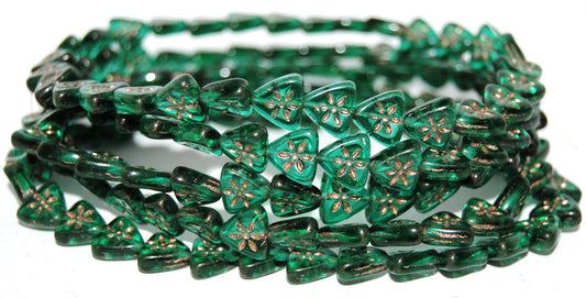 Triangle Flat Wit Flower Pressed Glass Beads, Transparent Green Emerald 54200 (50710 54200), Glass, Czech Republic