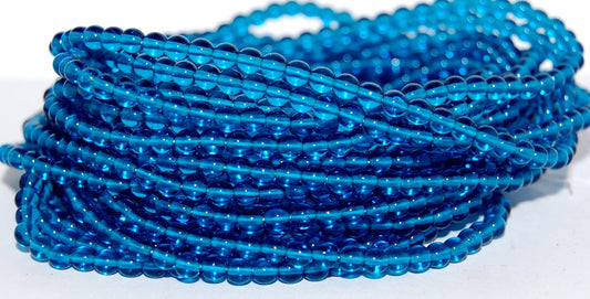 Round Pressed Glass Beads Druck, Transparent Aqua (60080), Glass, Czech Republic