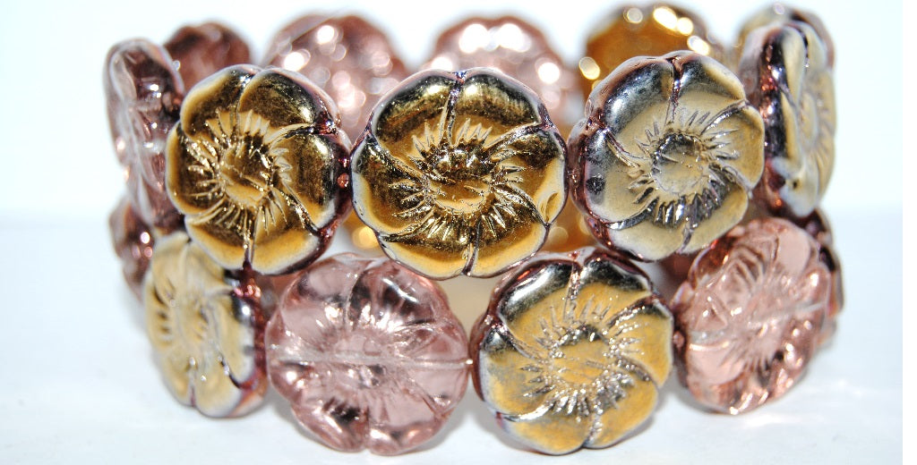 6-Petal Flower Pressed Glass Beads, Crystal Prismatic Phoenix (30 27104), Glass, Czech Republic