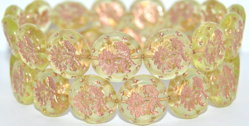 Round Flat With Flower Marguerite Pressed Glass Beads, Transparent Yellow 54200 Uranium (80130 54200 Uranium), Glass, Czech Republic
