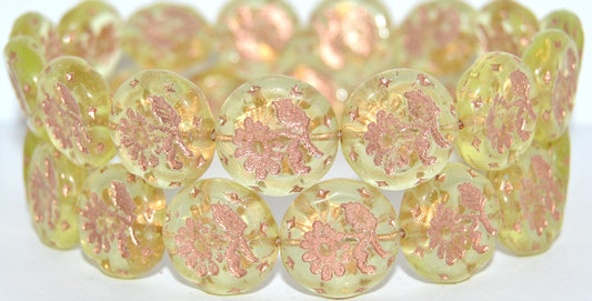 Round Flat With Flower Marguerite Pressed Glass Beads, Transparent Yellow 54200 Uranium (80130 54200 Uranium), Glass, Czech Republic