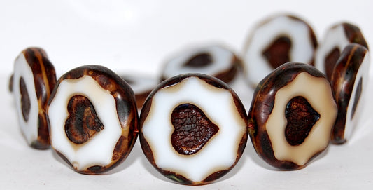 Table Cut Round Beads With Heart, Dark Beige Travertin (7193 86800), Glass, Czech Republic