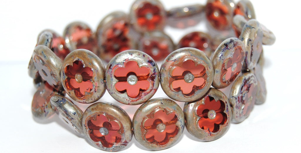 Table Cut Round Beads With Flower, Opal Pink 43400 (71010 43400), Glass, Czech Republic