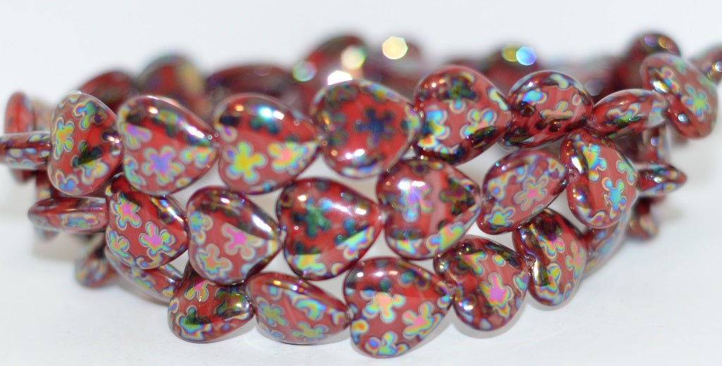 Heart Pressed Glass Beads, Green Purple Flower 2Xside (95000 Flower 2Xside), Glass, Czech Republic