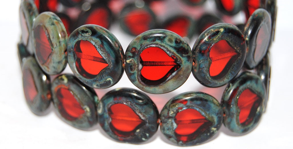 Table Cut Round Beads With Heart, Light Siam Travertin (90070 86800), Glass, Czech Republic