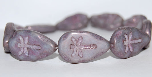 Leaf With Drahonfly Pressed Glass Beads, White Purple (2010 15726), Glass, Czech Republic