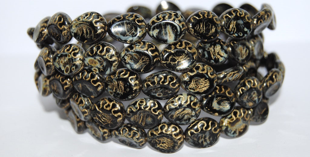 Tear Oval Pressed Glass Beads, Black Travertin 54202 (23980 86800 54202), Glass, Czech Republic